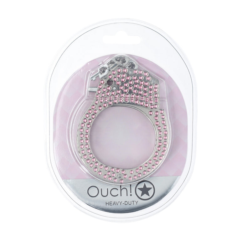 Verpakking van de Ouch! Heavy-Duty Diamond Handboeien in roze, in doorzichtige blisterverpakking