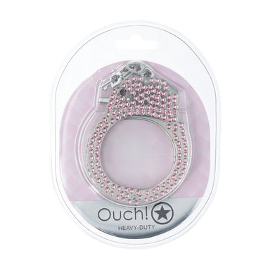 Verpakking van de Ouch! Heavy-Duty Diamond Handboeien in roze, in doorzichtige blisterverpakking