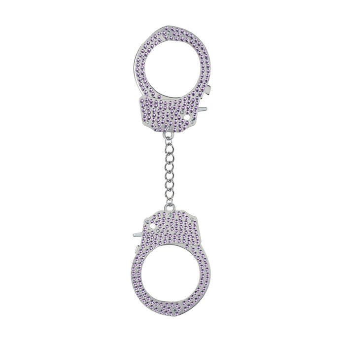 Ouch! Diamond Handboeien in paars, volledig bezet met fonkelende steentjes, verbonden door een metalen ketting