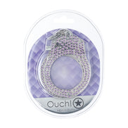 Verpakking van de Ouch! Heavy-Duty Diamond Handboeien in paars, in doorzichtige blisterverpakking