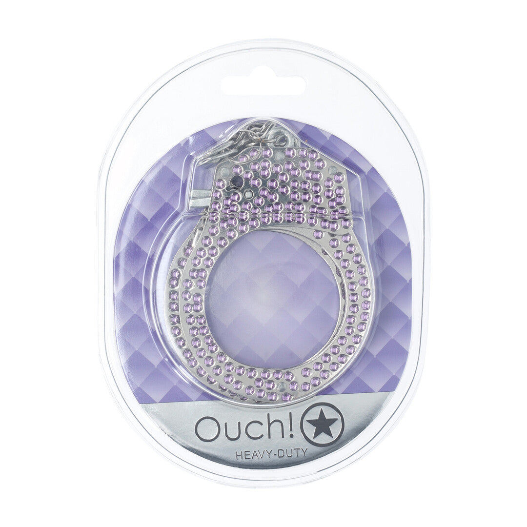 Verpakking van de Ouch! Heavy-Duty Diamond Handboeien in paars, in doorzichtige blisterverpakking