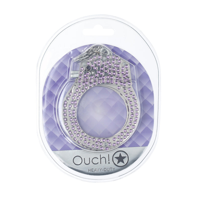 Verpakking van de Ouch! Heavy-Duty Diamond Handboeien in paars, in doorzichtige blisterverpakking