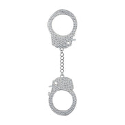 Ouch! Diamond Handboeien in zilver, volledig bezet met fonkelende steentjes, verbonden door een metalen ketting