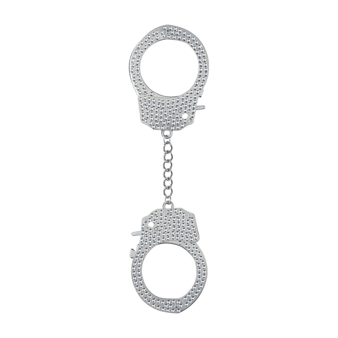 Ouch! Diamond Handboeien in zilver, volledig bezet met fonkelende steentjes, verbonden door een metalen ketting