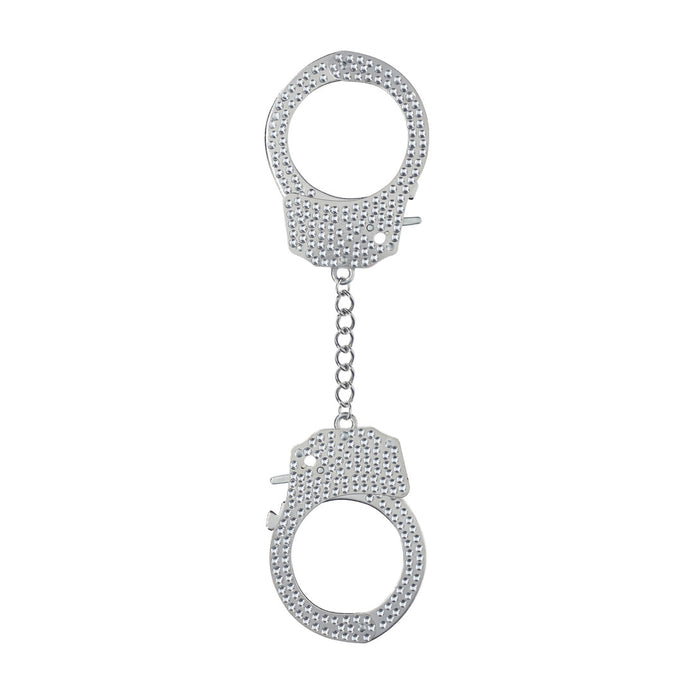 Ouch! Diamond Handboeien in zilver, volledig bezet met fonkelende steentjes, verbonden door een metalen ketting