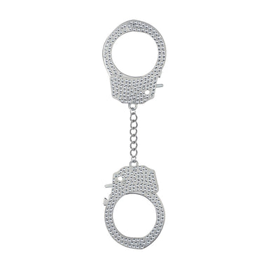 Ouch! Diamond Handboeien in zilver, volledig bezet met fonkelende steentjes, verbonden door een metalen ketting
