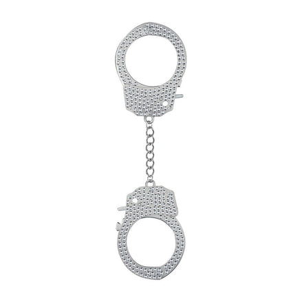 Ouch! Diamond Handboeien in zilver, volledig bezet met fonkelende steentjes, verbonden door een metalen ketting