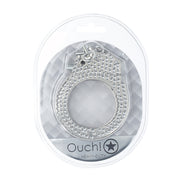 Verpakking van de Ouch! Heavy-Duty Diamond Handboeien in zilver, in doorzichtige blisterverpakking