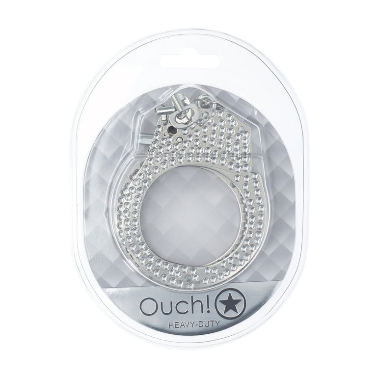 Verpakking van de Ouch! Heavy-Duty Diamond Handboeien in zilver, in doorzichtige blisterverpakking