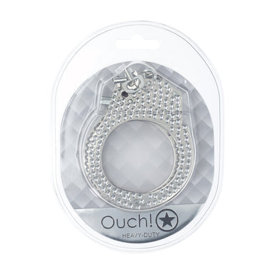 Verpakking van de Ouch! Heavy-Duty Diamond Handboeien in zilver, in doorzichtige blisterverpakking