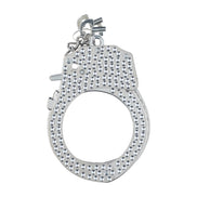 Close-up van de Ouch! Diamond Handboeien in zilver met zichtbaar vergrendelmechanisme en sleutel
