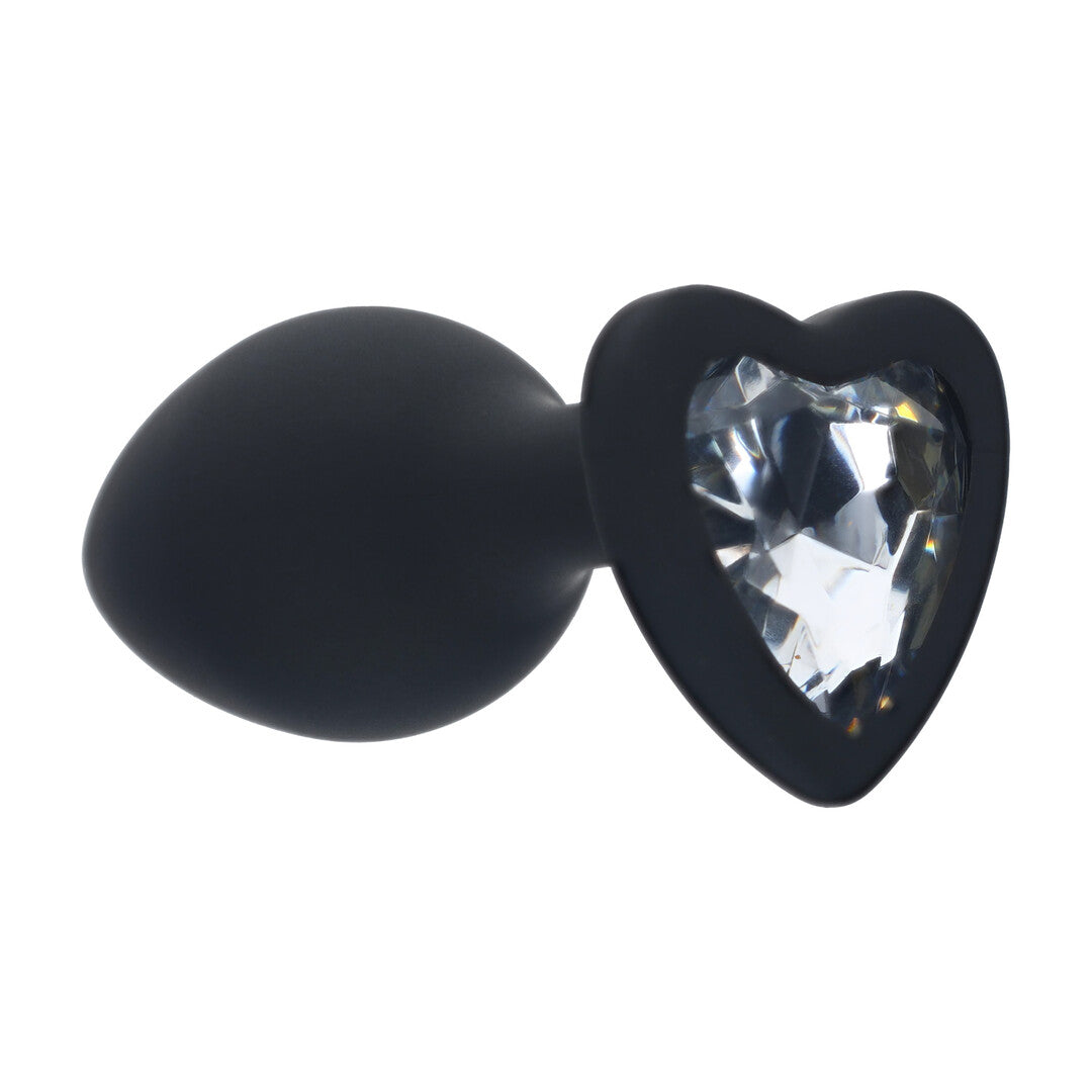 Ouch! Diamond Heart Buttplug in de maat Small, zwarte siliconen buttplug met hartvormige basis en heldere fonkelende steen