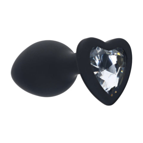 Ouch! Diamond Heart Buttplug in de maat Small, zwarte siliconen buttplug met hartvormige basis en heldere fonkelende steen