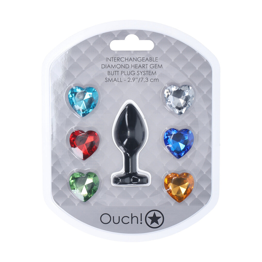 Verpakking van de Ouch! Interchangeable Diamond Heart Gem Buttplug Small met 6 losse verwisselbare hartvormige stenen in verschillende kleuren