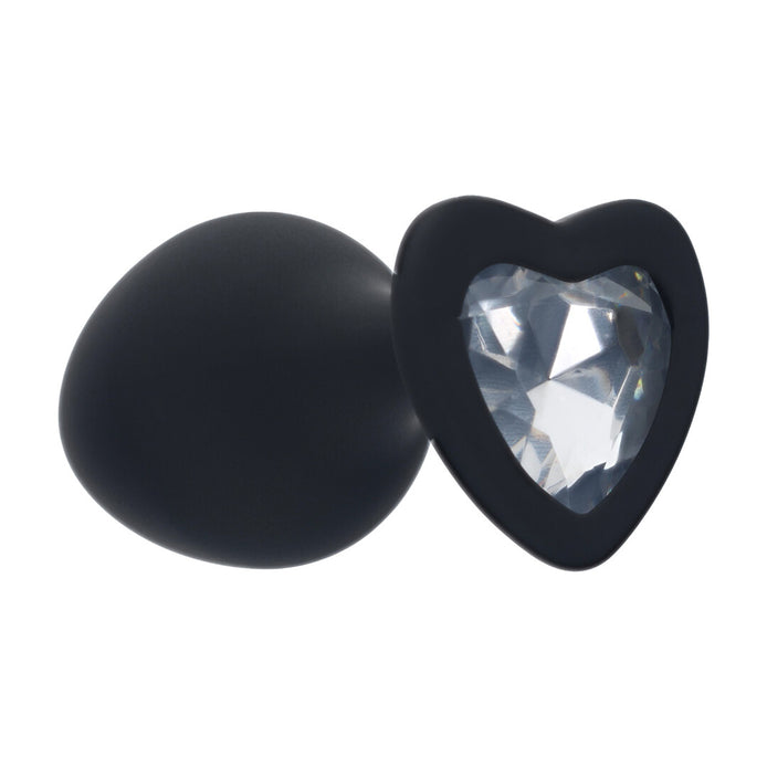 Ouch! Diamond Heart Buttplug in de maat Medium, zwarte siliconen buttplug met hartvormige basis en heldere fonkelende steen