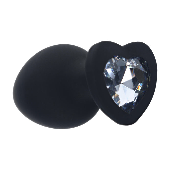 Ouch! Diamond Heart Buttplug in de maat Large, zwarte siliconen buttplug met hartvormige basis en heldere fonkelende steen