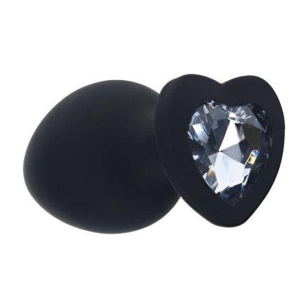 Ouch! Diamond Heart Buttplug in de maat Large, zwarte siliconen buttplug met hartvormige basis en heldere fonkelende steen