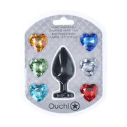 Verpakking van de Ouch! Interchangeable Diamond Heart Gem Buttplug Large met 6 losse verwisselbare hartvormige stenen in verschillende kleuren