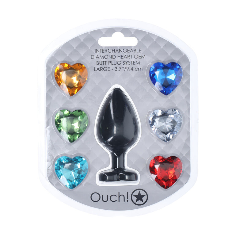 Verpakking van de Ouch! Interchangeable Diamond Heart Gem Buttplug Large met 6 losse verwisselbare hartvormige stenen in verschillende kleuren
