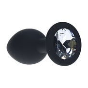 Ouch! Diamond Round Buttplug in de maat Small, zwarte siliconen buttplug met ronde fonkelende steen in de basis