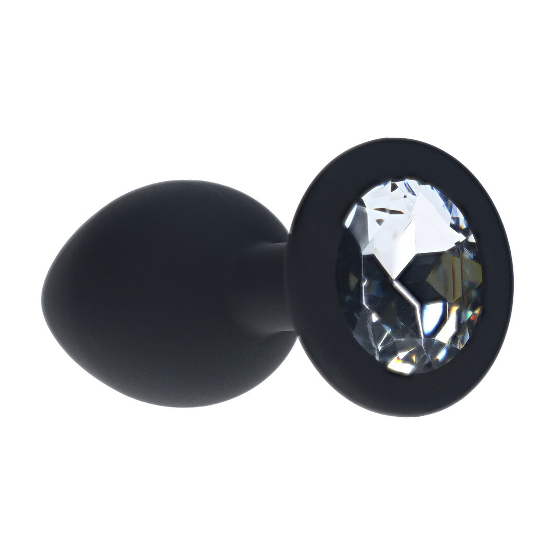 Ouch! Diamond Round Buttplug in de maat Small, zwarte siliconen buttplug met ronde fonkelende steen in de basis