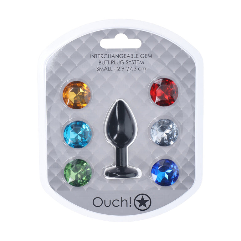 Verpakking van de Ouch! Interchangeable Gem Buttplug Small met 6 losse verwisselbare ronde stenen in verschillende kleuren