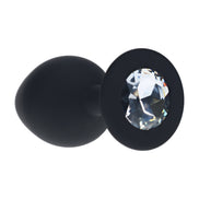 Ouch! Diamond Round Buttplug in de maat Medium, zwarte siliconen buttplug met ronde fonkelende steen in de basis