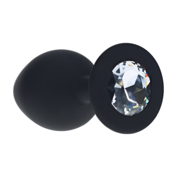 Ouch! Diamond Round Buttplug in de maat Medium, zwarte siliconen buttplug met ronde fonkelende steen in de basis