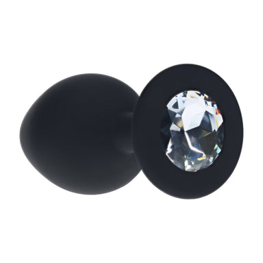 Ouch! Diamond Round Buttplug in de maat Medium, zwarte siliconen buttplug met ronde fonkelende steen in de basis