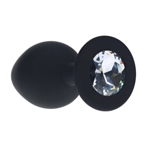 Ouch! Diamond Round Buttplug in de maat Medium, zwarte siliconen buttplug met ronde fonkelende steen in de basis