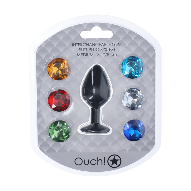 Verpakking van de Ouch! Interchangeable Gem Buttplug Medium met 6 losse verwisselbare ronde stenen in verschillende kleuren