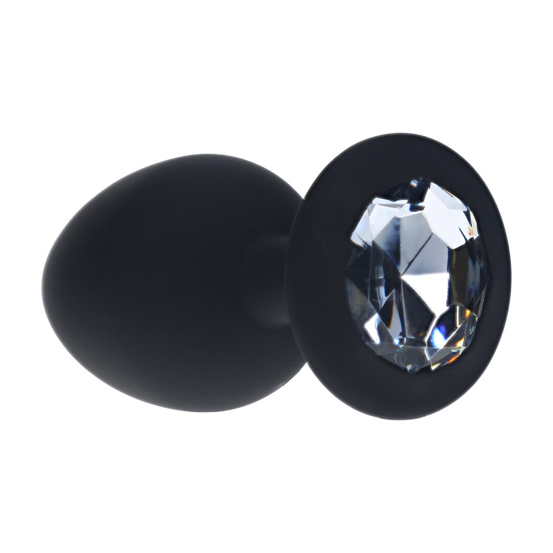 Ouch! Diamond Round Buttplug in de maat Large, zwarte siliconen buttplug met ronde fonkelende steen in de basis