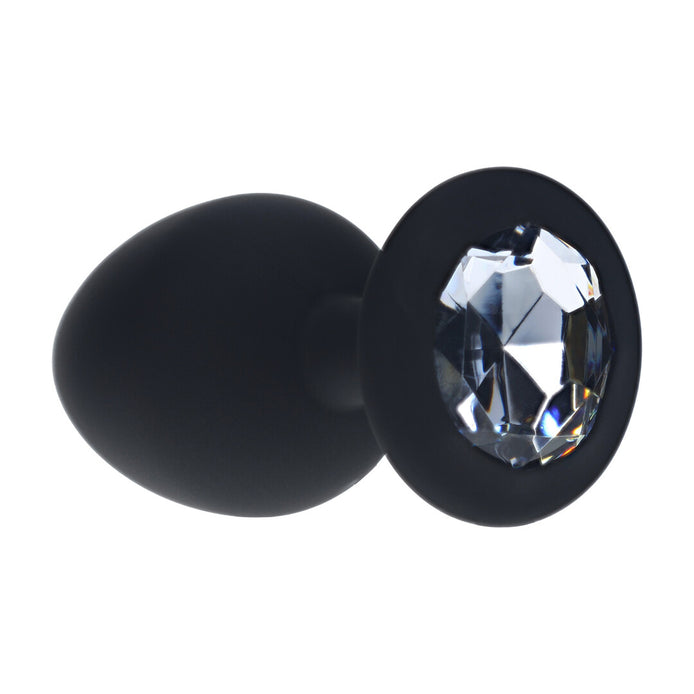 Ouch! Diamond Round Buttplug in de maat Large, zwarte siliconen buttplug met ronde fonkelende steen in de basis