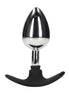 Ouch! Metalen Buttplug met glanzend zilverkleurig metalen lichaam en zwarte siliconen handgreep