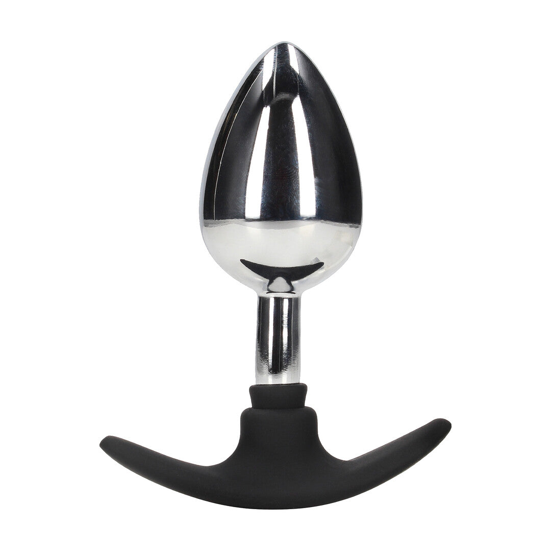 Ouch! Metalen Buttplug met glanzend zilverkleurig metalen lichaam en zwarte siliconen handgreep