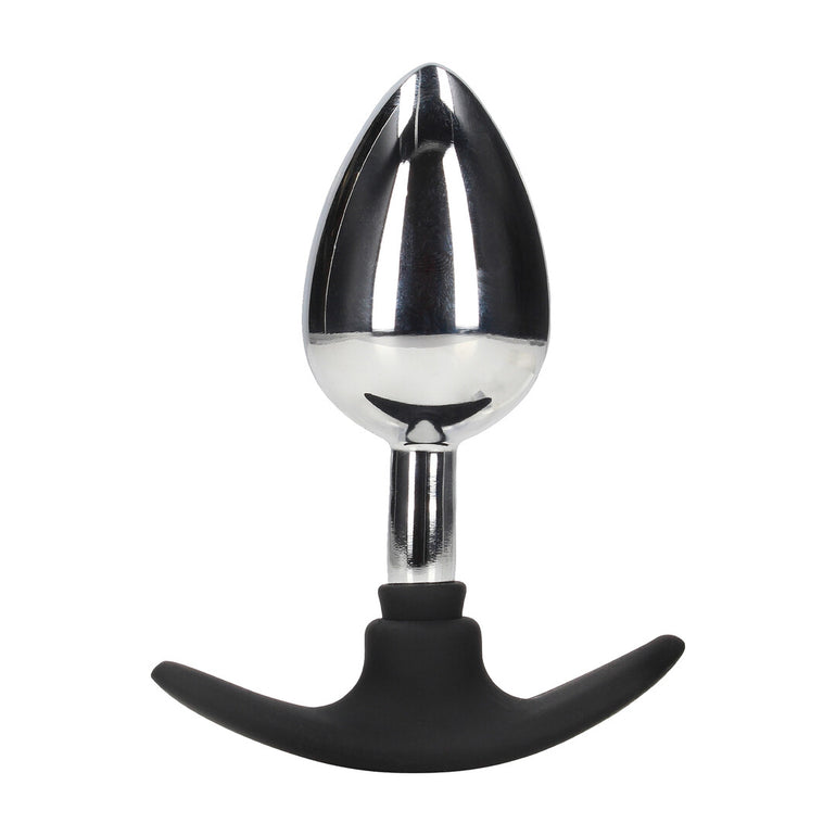 Ouch! Metalen Buttplug met glanzend zilverkleurig metalen lichaam en zwarte siliconen handgreep