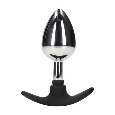 Ouch! Metalen Buttplug met glanzend zilverkleurig metalen lichaam en zwarte siliconen handgreep