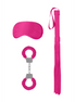 Roze bondage set voor beginners, overzicht met masker, boeien en leiband, speelse look