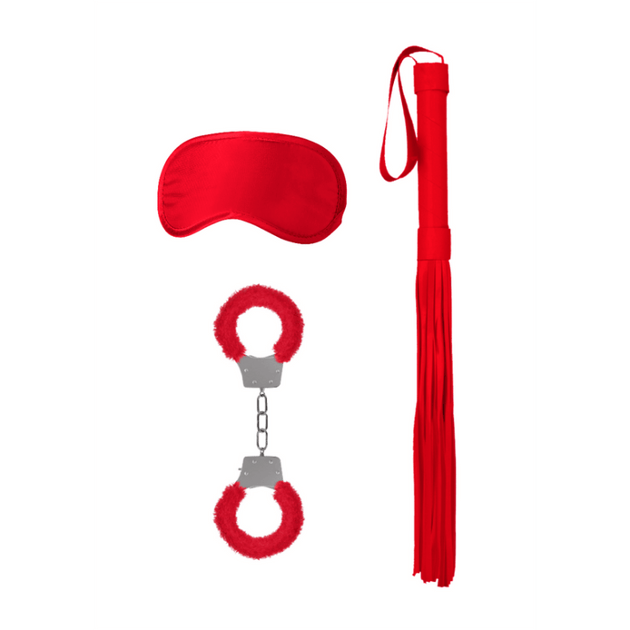 Rood Bondage Beginnersset, flatlay met masker, boeien, flogger en touw op wit
