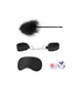 Luxe bondage startersset zwart met fluwelen boeien, satijnen oogmasker, kietelstaaf met veren en seksdobbelstenen