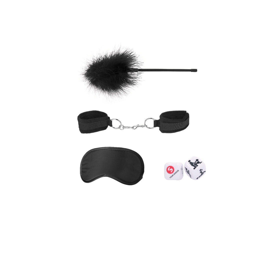 Luxe bondage startersset zwart met fluwelen boeien, satijnen oogmasker, kietelstaaf met veren en seksdobbelstenen