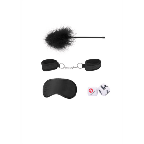 Luxe bondage startersset zwart met fluwelen boeien, satijnen oogmasker, kietelstaaf met veren en seksdobbelstenen