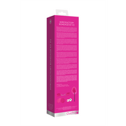 Zijkant productverpakking, roze bondage set met fluwelen boeien en dobbelstenen zichtbaar