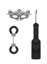 Zwarte Bondage Set Deluxe, overzicht met kanten masker, paddle en metalen boeien, productfoto
