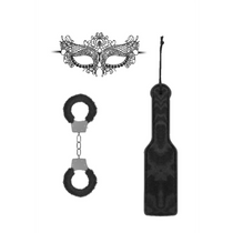 Zwarte Bondage Set Deluxe, overzicht met kanten masker, paddle en metalen boeien, productfoto