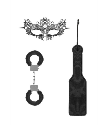 Zwarte Bondage Set Deluxe | Kanten Masker, Paddle & Metalen Boeien