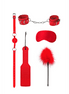 Rode BDSM startersset, flatlay op wit met ball gag, kietelaar, handboeien en touw