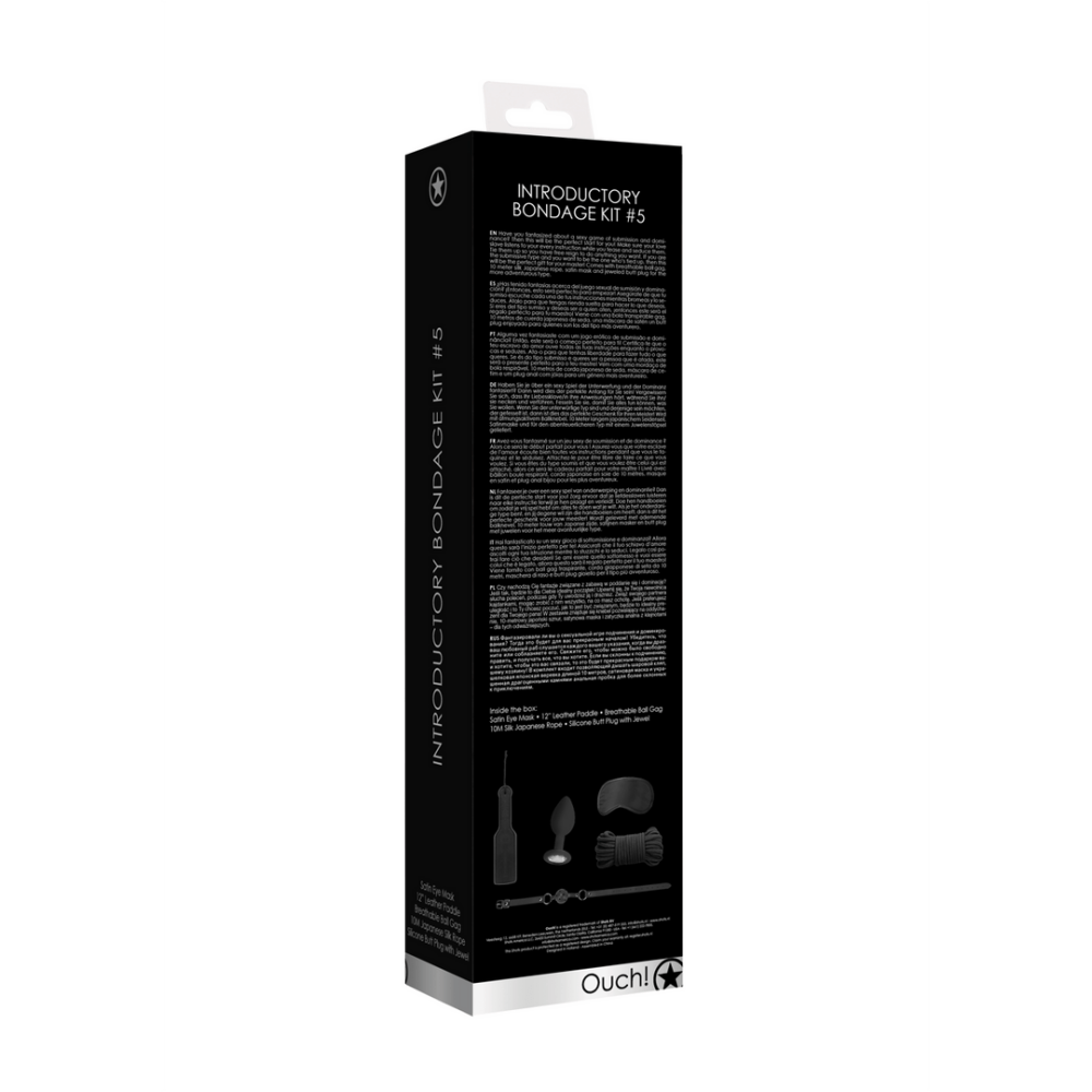 Zijkant productverpakking, specificaties en inhoud van de zwarte luxe SM starterkit zichtbaar