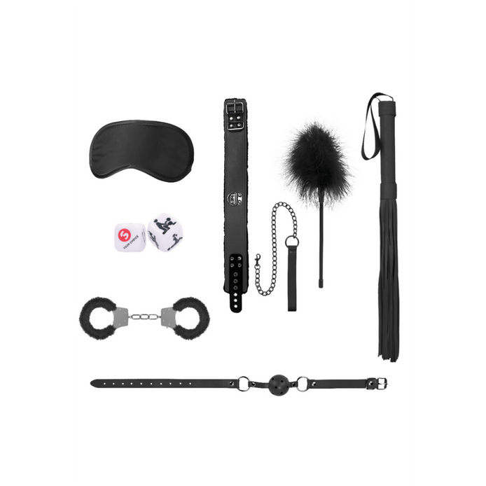 Zwarte luxe bondage set, halsband met leiband, boeien en gag, compleet overzicht op witte achtergrond