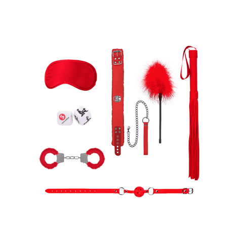 Rode bondage set, halsband met leiband en ball gag, compleet overzicht op witte achtergrond